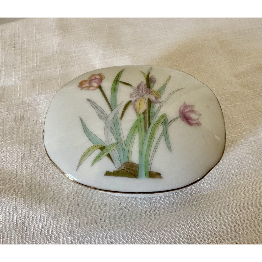 Vintage I.W.Rice Japan Porcelain Trinket Box Floral Iris Design Gold Trim 3.5 In